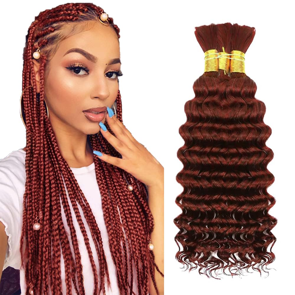 30 30 30 Inch Reddish Brown Human Braiding Hair for Boho Braids 150g Curly Boho Hair for Braiding Knotless Color 33 Deep Wave Bulk Bohemian 3 Bundles/Pack