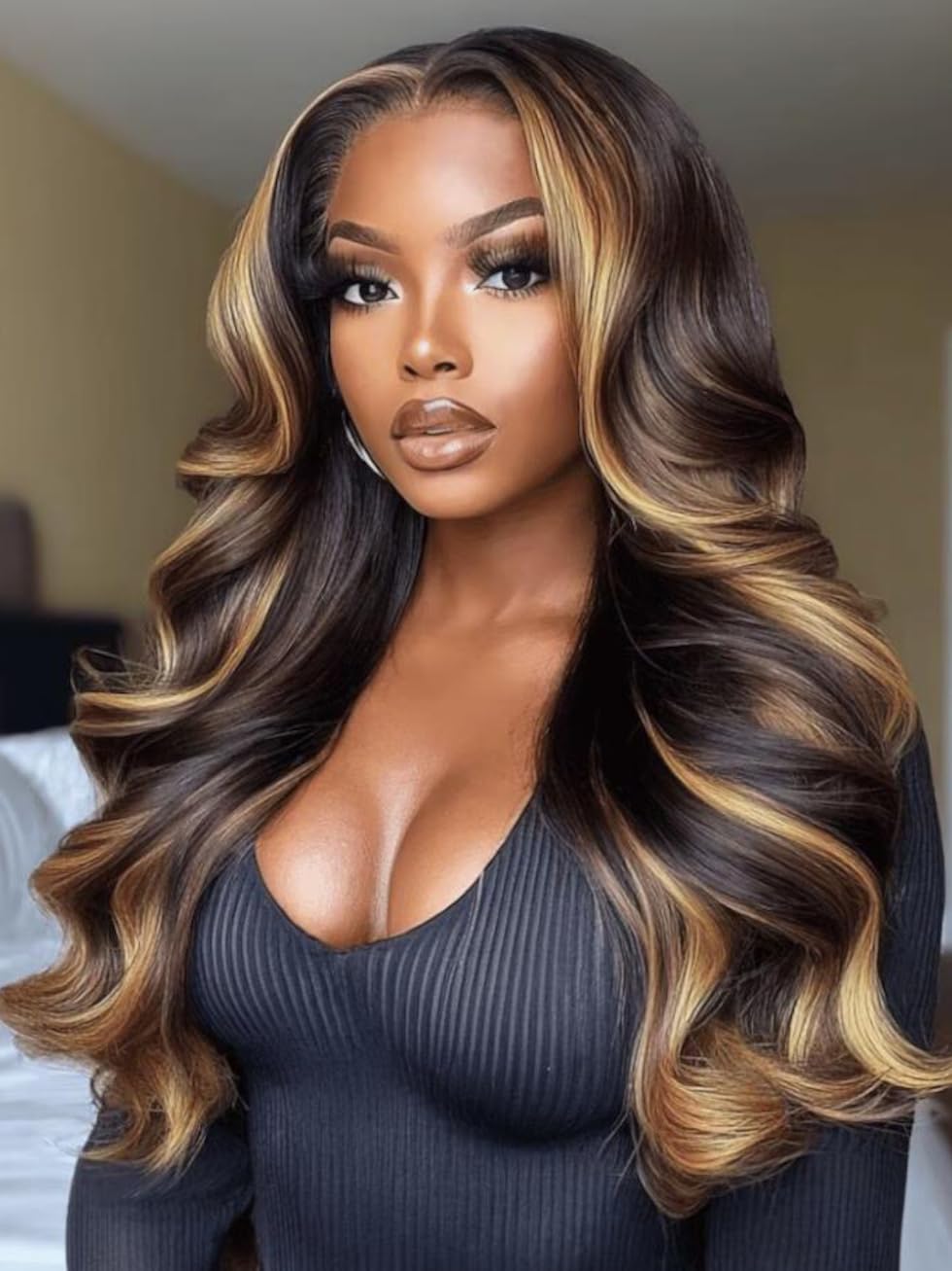 UNICE Bye Bye Knots Glueless Wig 7x5 Pre Cut Lace Front Wigs Butterscotch Highlights Brown Loose Wave Human Hair Put on and Go Wig Pre Plucked Bleached Invisible Knots 150% Density 22 Inch