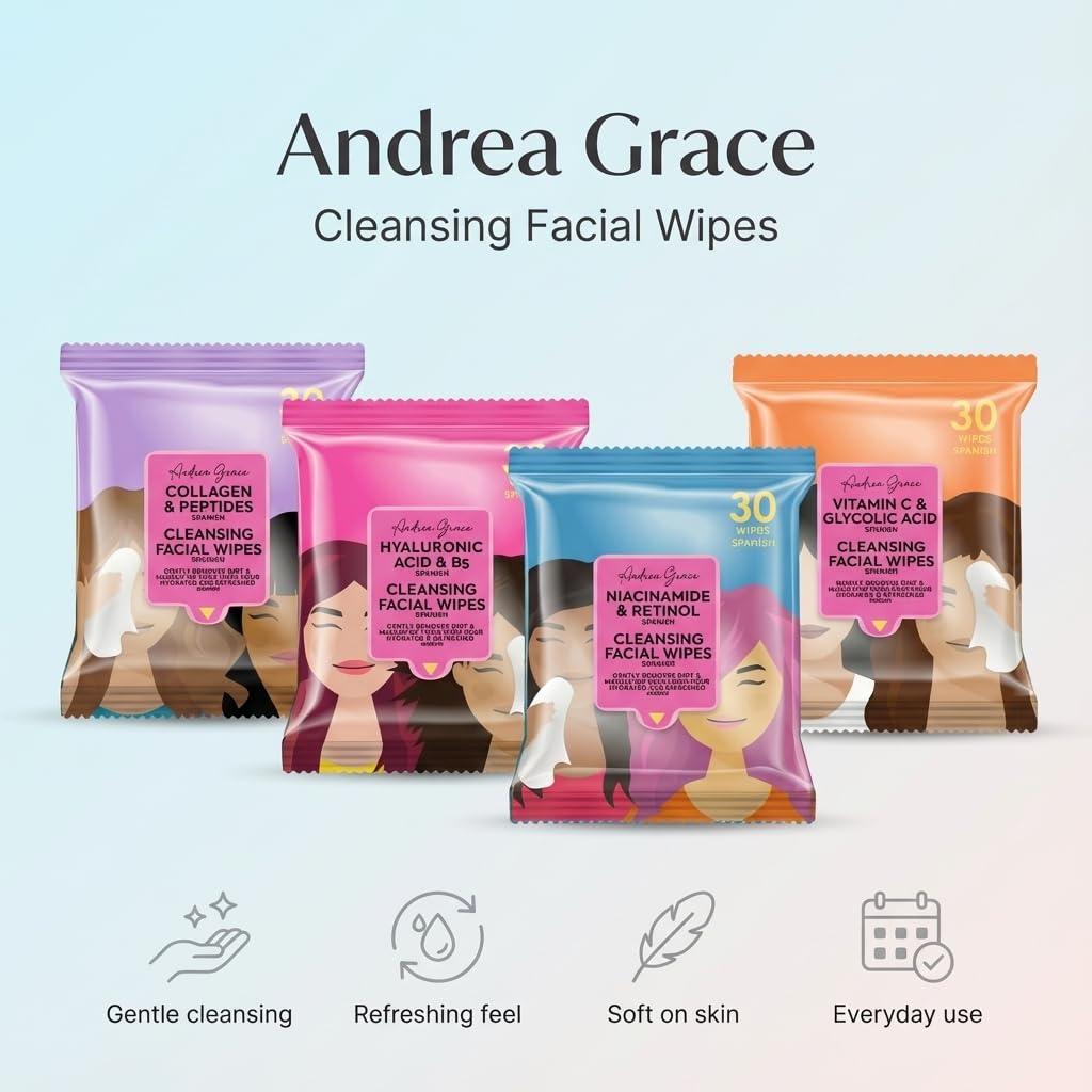 Andrea Grace 4 Pack Face Wipes for Women - Cleansing Makeup Remover Wipes with Collagen & Peptides, Niacinamide & Retinol, Vitamin C & Glycolic Acid, Hyaluronic Acid - 120 Pcs