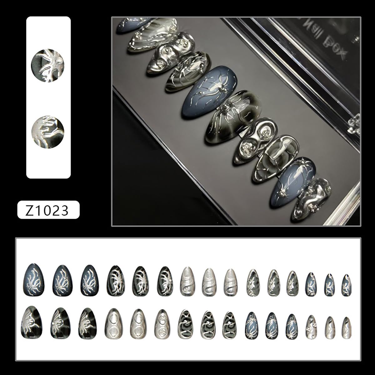 Goth Press-On Nails - 30 Pcs Medium Almond Shape | 3D Silver Alloy Glitter Design, Reusable Black Acrylic Full Cover