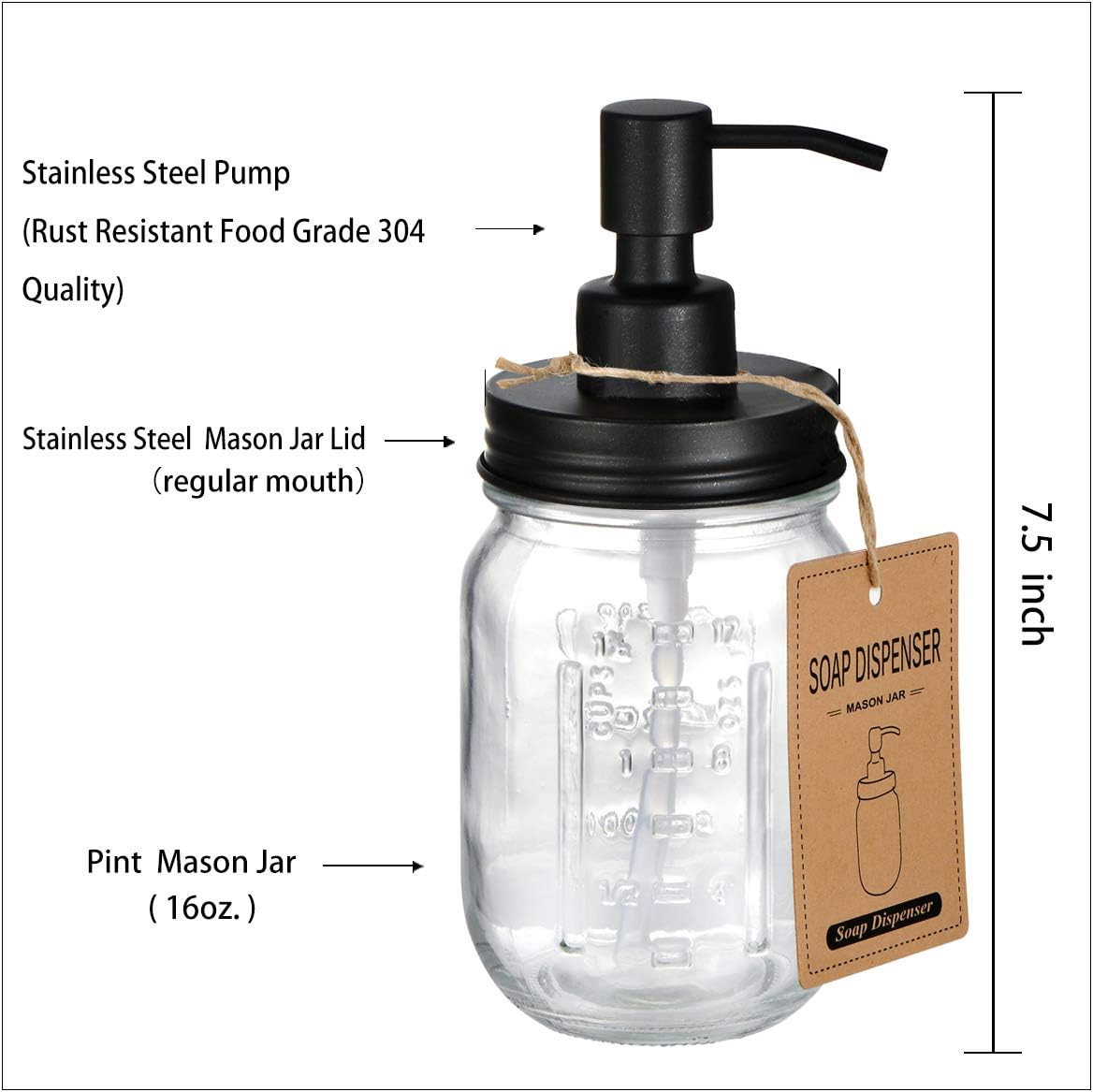 Mason Jar Liquid Soap Dispenser - 16oz Refillable Glass Pump | Black 2 Pack for Kitchen & Bathroom Decor