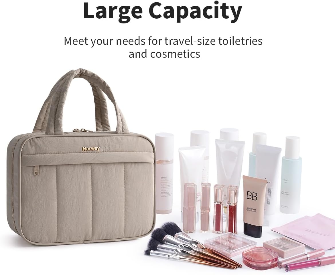 Hanging Travel Toiletry Bag for Women - Quilted Makeup Organizer with Handle | Portable Khaki Bathroom Essentials