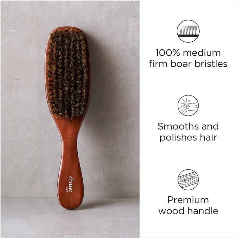Diane Premium 100% Boar Wave Brush for Men and Barbers , Mens Hair Brush– Medium Bristles for Thick Coarse Hair – Use for Detangling, Smoothing, Wave Styles, Soft on Scalp, Restore Shine and Texture