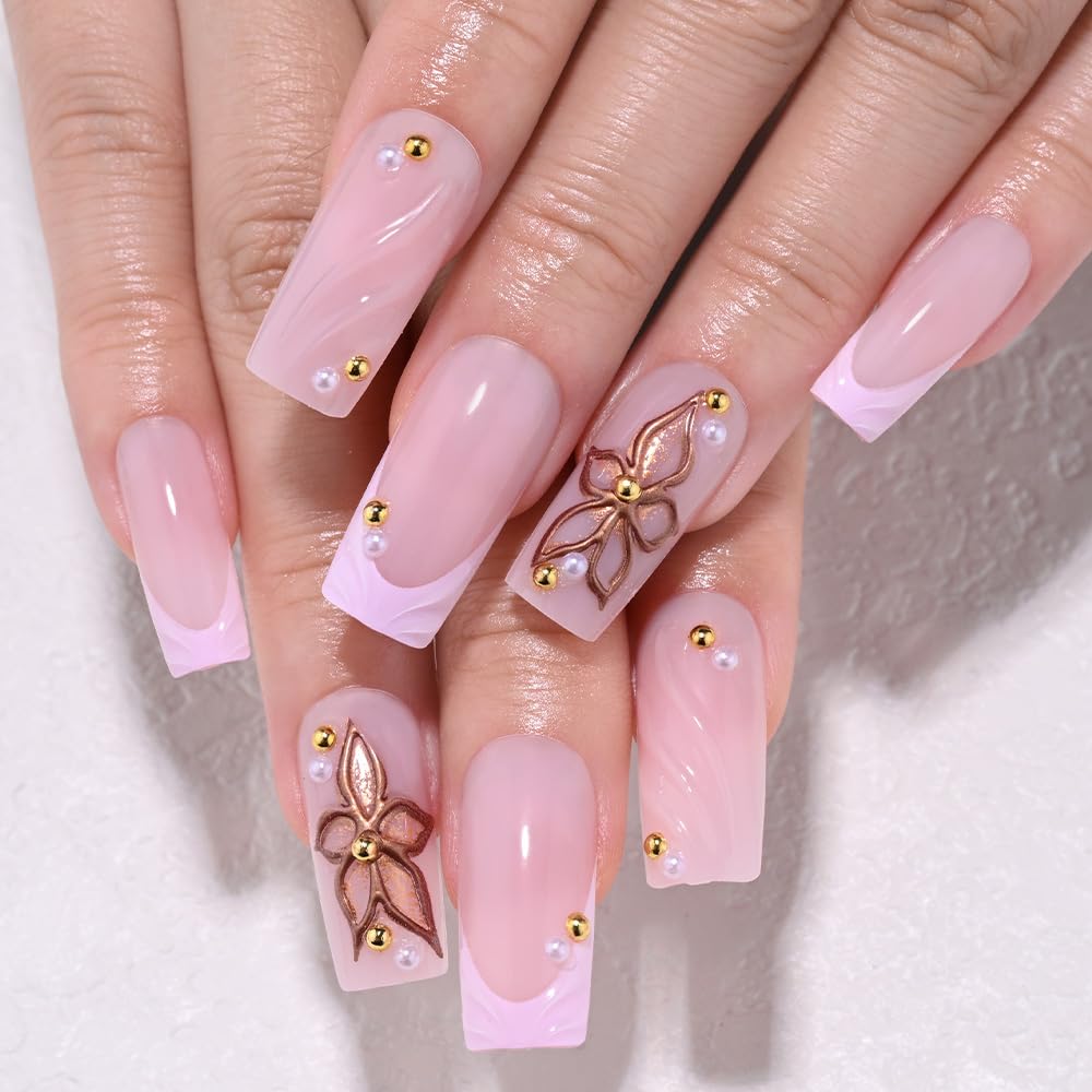 3D Gold Line French Tip Press-On Nails - Short Almond Glitter Light Nude | Handmade Acrylic Nails with 3D Pearl Designs