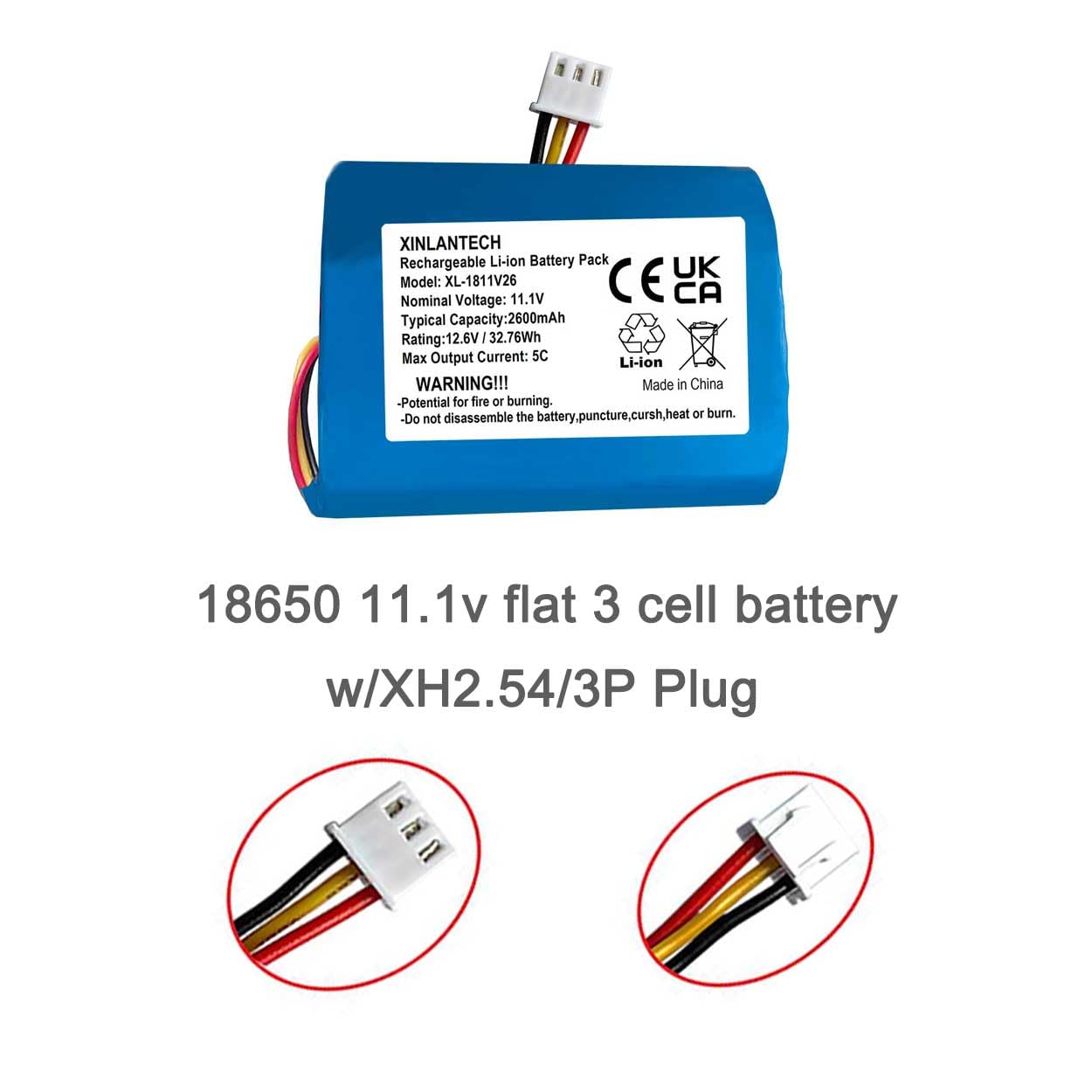 AOLIKES 11.1v 18650 3s1p 2600mAh Rechargeable Battery Pack with XH2.54/3P Plug Connector /5C Cells/Supports Fast Charging / 12.6V Li-ion Batteries