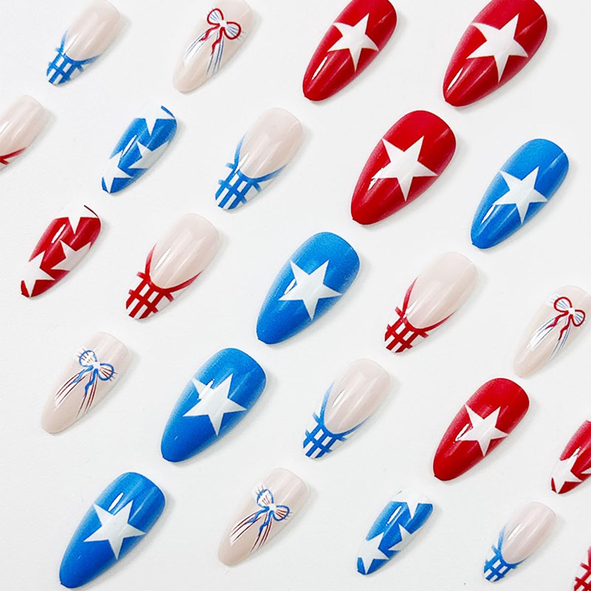 24Pcs 4th of July Press on Nails Medium Almond French Tip Fake Nails Patriotic Red White Blue False Nails with Star Bow Designs Independence Day Acrylic Glue on Nails for Women Holiday Nail Decoration