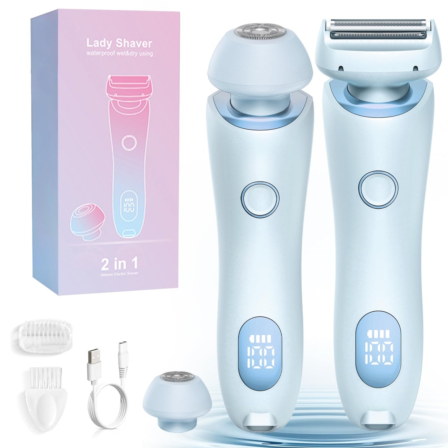 Electric Shaver for Women, 2 in 1 Wet & Dry Silk Glide Pro Shaver with 2 Removable Heads, Rechargeable Electric Razors for Bikini, Pubic Hair, Legs, Body, Blue