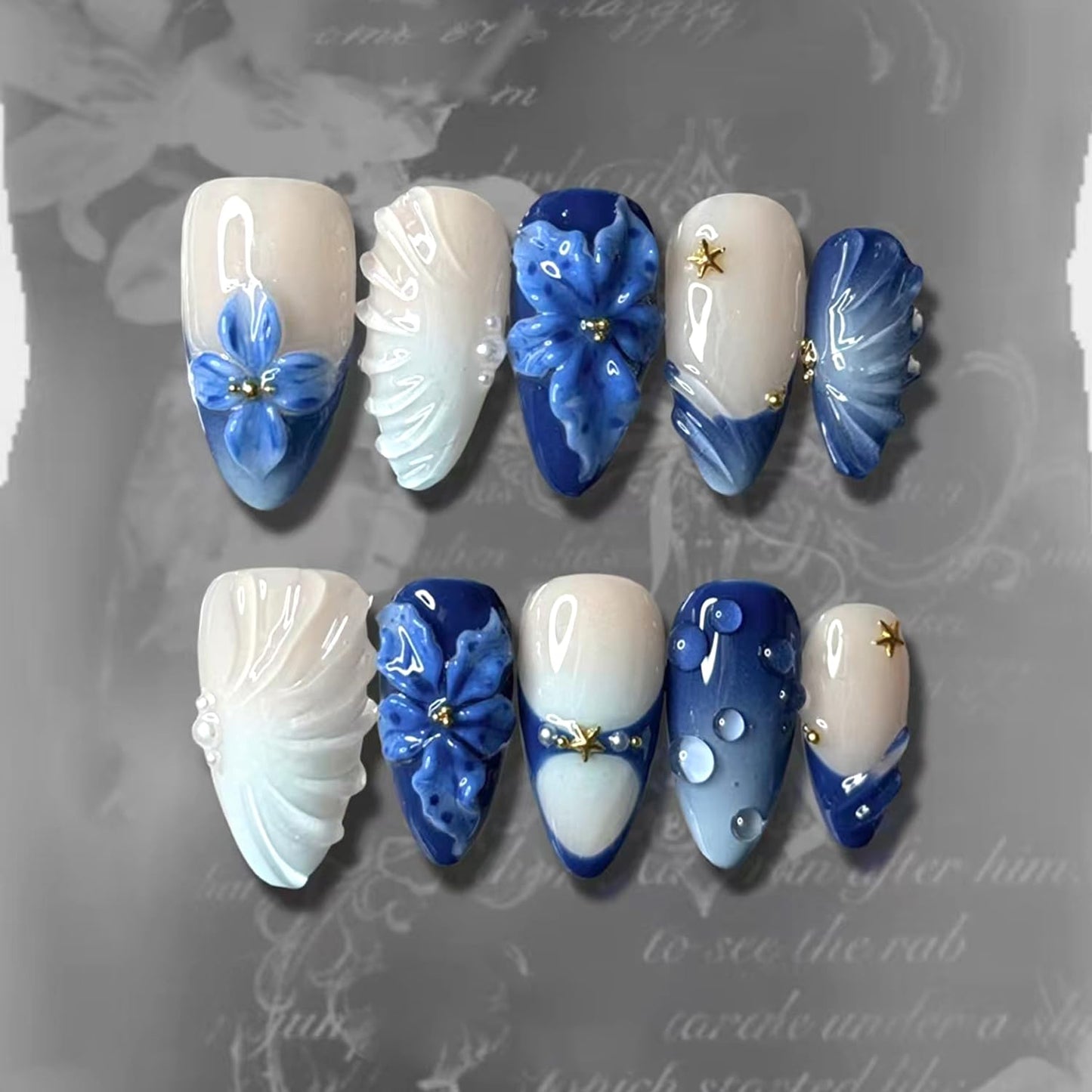 Press-On Nails - 24Pcs Medium Almond Fake Nails with Lotus & Lucky Koi Design | Glossy Full Cover for Spring/Summer DIY Manicure