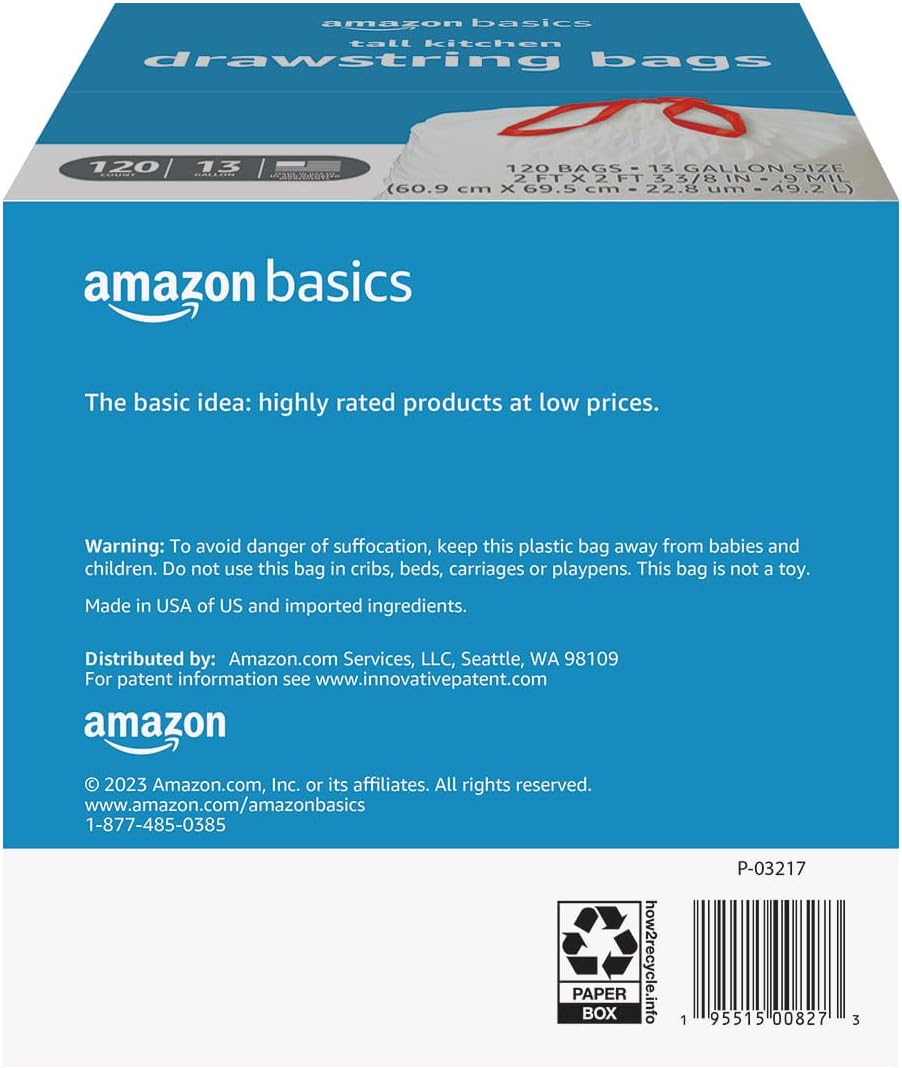 Tall Kitchen Drawstring Trash Bags - Sturdy & Tear Resistant | 13 Gallon, Unscented, 120 Count