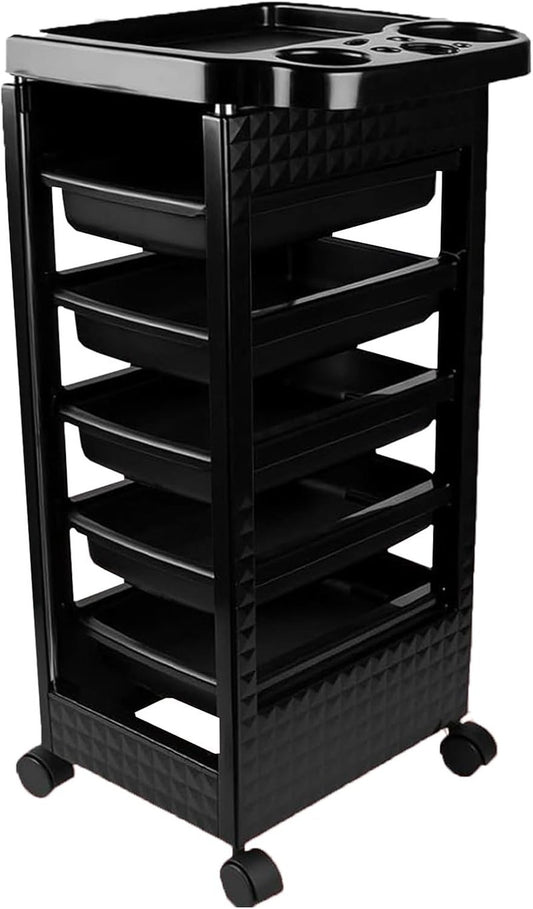 Salon Trolley Cart with Wheels - 5 Drawer Rolling Station for Hair Stylists | Black Hairdressing Equipment