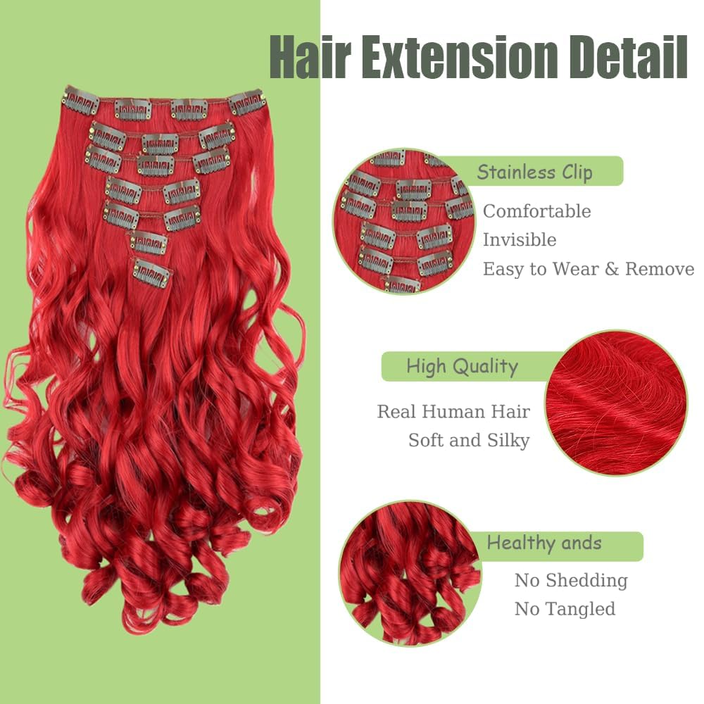 Red Clip in Hair Extensions Real Human Hair, 20 Inch 120g/7Pcs,Full Shine Remy Human Hair,Wine Red Long Wave Clip ins Brazilian Virgin Human Hair Extensions