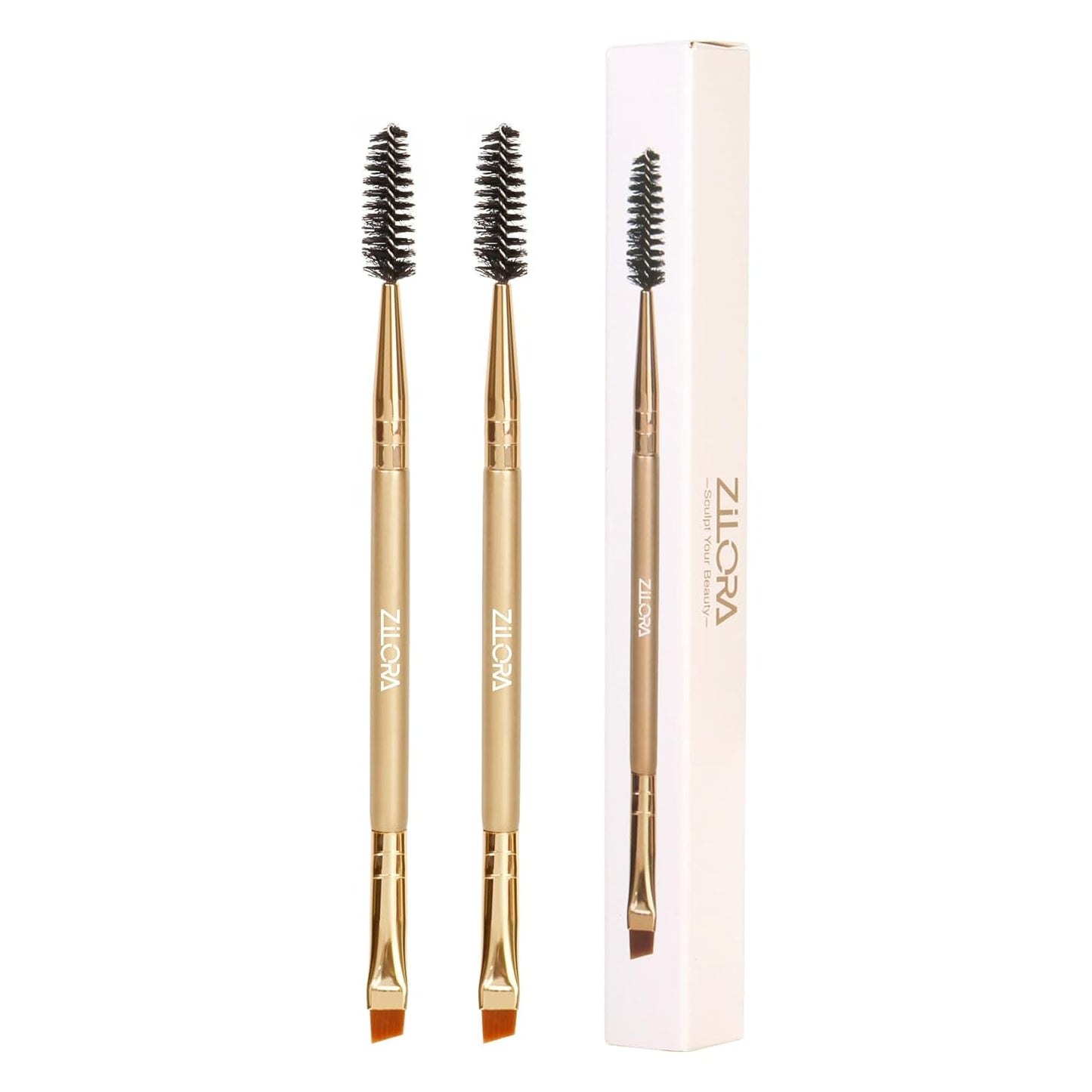 Dual Ended Eyebrow Brush Set - Premium Angled Brow Brush & Spoolie Duo | Soft Synthetic Bristles, Gold Finish