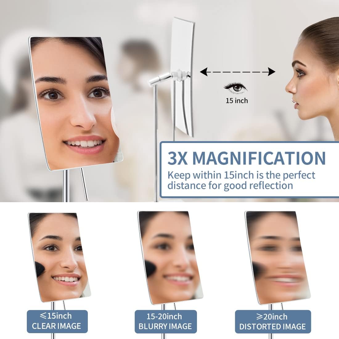 DOWRY 8-Inch Adjustable Makeup Mirror - 3X Magnification, Polished Chrome Finish | Perfect Gift for Women and Teens