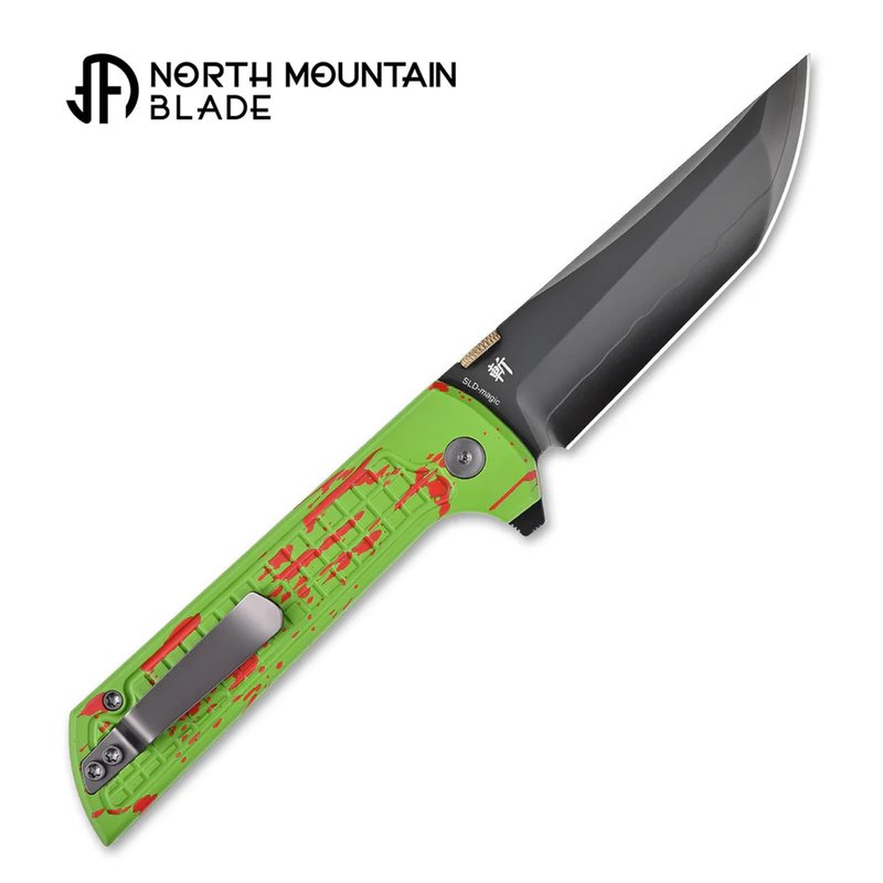 North Mountain Blade Manual Folding Pocket Knife for Men - SLD-Magic 3-Layer San Mai Steel - 3.5" DLC Coated Modified Tanto Blade - Lightweight Aluminum Handle with Secure Button Lock - Precision EDC Utility Tool for Outdoor Camping & Hiking (Grid Green)