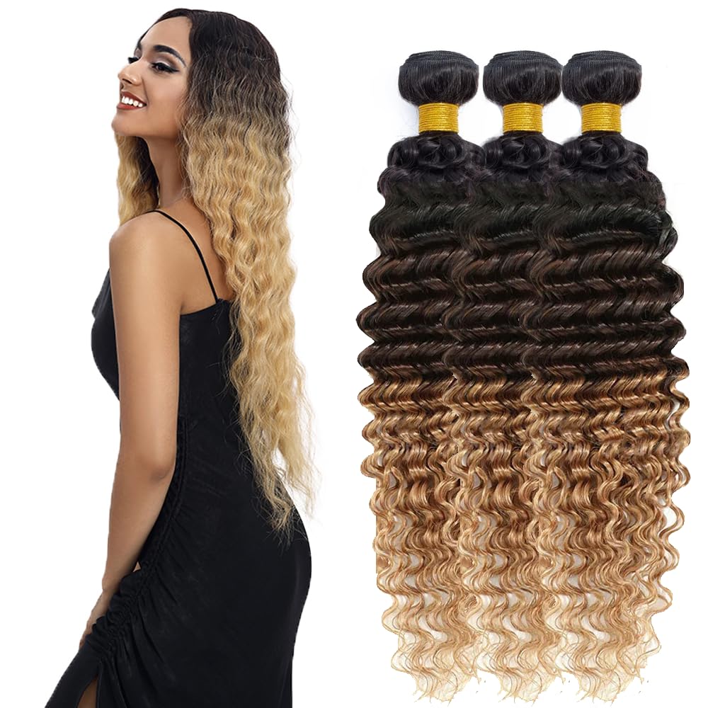 24 26 28 Inch T1B4/27 Ombre Blonde Bundles Human Hair Deep Wave 3 Bundles 100 Grams/Bundle 10A Grade Unprocessed Brazilian Virgin Hairs Ombre Bundles Weaves Hair Extensions For Women