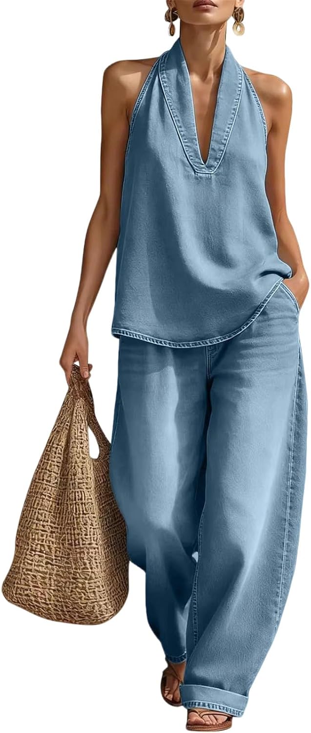 Women's Denim Outfit - Minimalist Halter Neck Top & High-Waisted Wide Leg Pants | Casual Travel Set