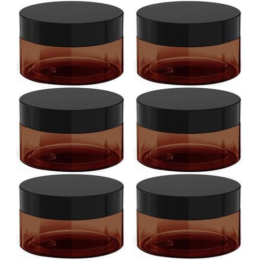 8 oz Amber Plastic Cosmetic Jars Leak Proof Container with Black Lid for Cream, Lotion, Powder, ointment, Beauty Products etc, 6 Pcs.