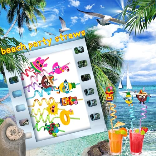24 Reusable Hawaiian Crazy Straws with Tropical Charms