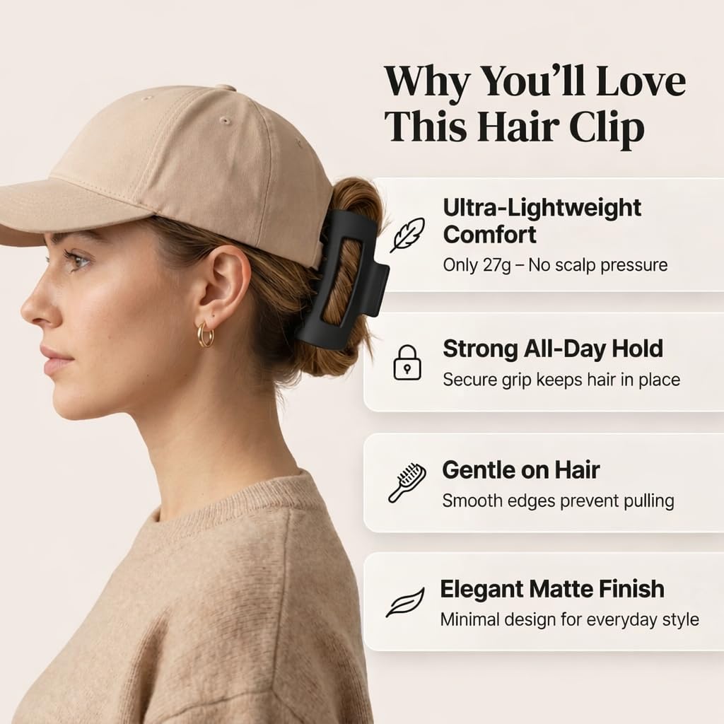 Cozy Claw Clip for Baseball Caps - Large Silicone Hair Clip | Non-Slip Design for Thick & Thin Hair - Black