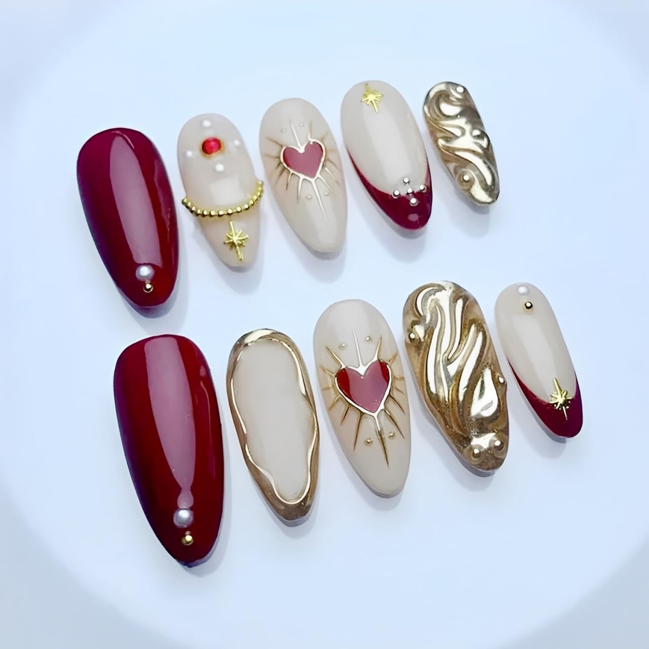 Flower Press-On Nails - 10 Pcs Short Almond Style with Gold Shell & Starfish Rhinestones | Reusable Cute Handmade Acrylic Nails for Women & Girls