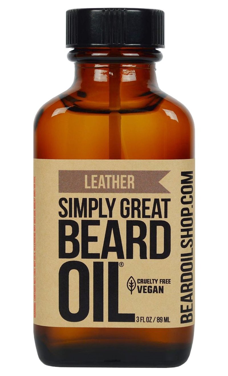Simply Great Beard Oil - LEATHER Scented - Holiday Gifts - Stocking Stuffers - Beard Conditioner -3 Oz - Easy Applicator - Natural - Vegan and Cruelty Free Care for Beards - Gifts for Men