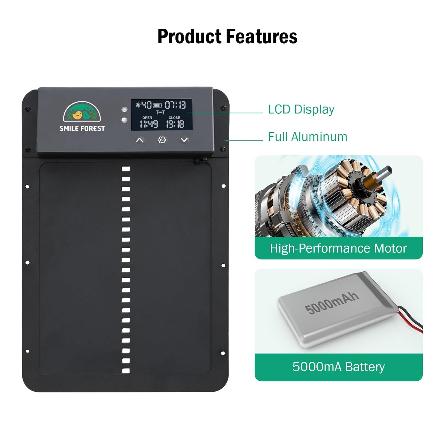 Automatic Chicken Coop Door with Light Sensor & Timer Control - Multi-Mode Chicken Door Opener with Solar Charging