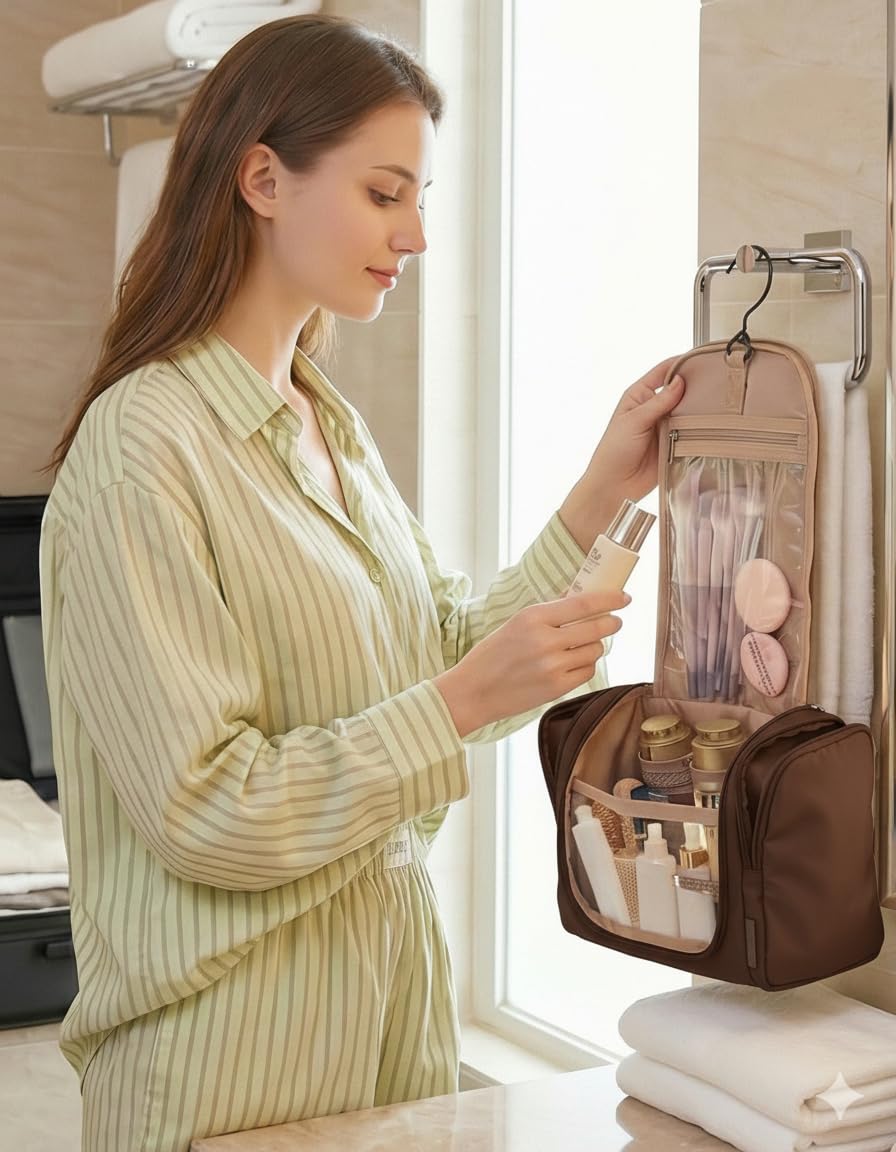 BAGSMART Travel Toiletry Bag for Women, Puffy Hanging Toiletry Bag with Hook, Water-resistant Toiletry Organizer for Full Sized Toiletries (Coffee Brown)