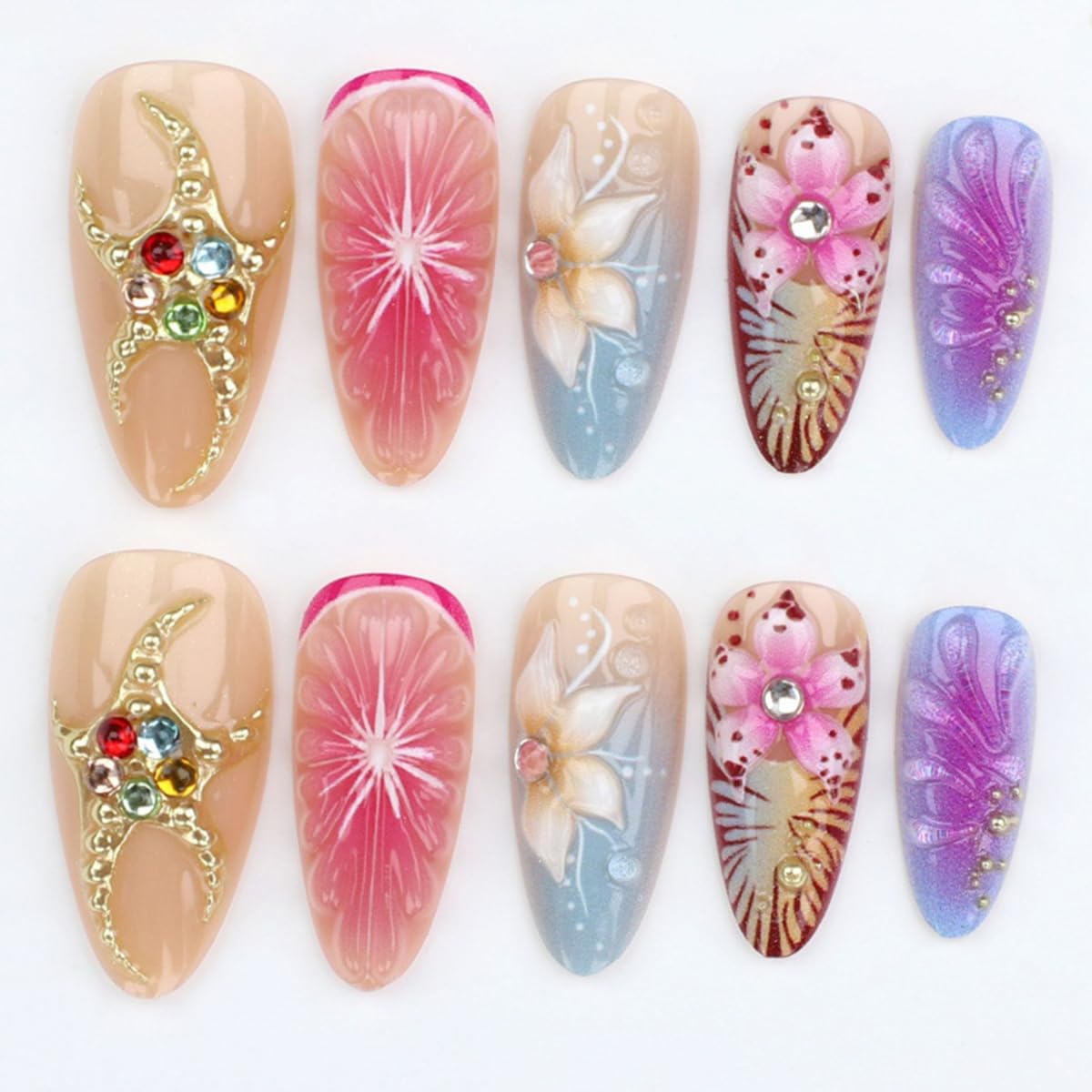 Short Almond Press-On Nails - 24 Pcs French Tip with Leopard Print & Gold Beads | Reusable Acrylic Nail Designs for Women