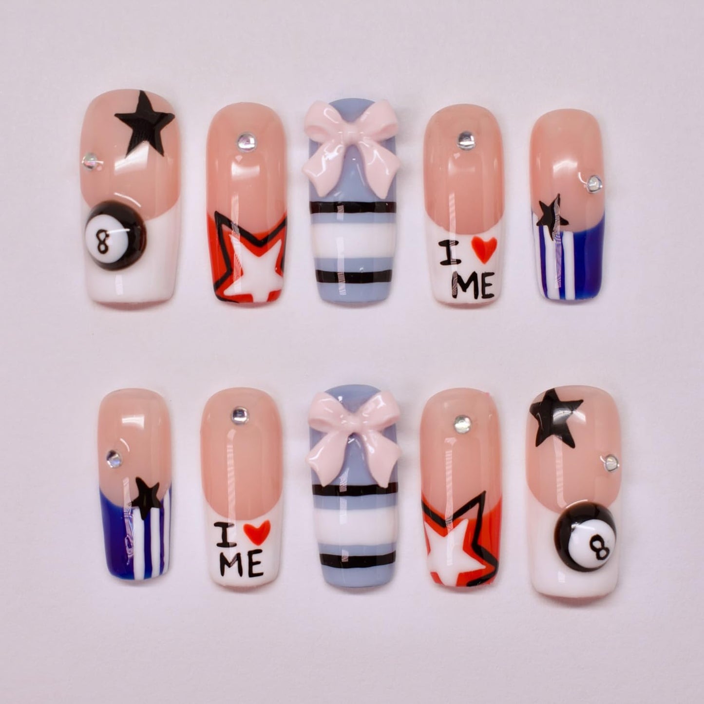 Pink Flower Press-On Nails - Medium Almond Floral Design with Rhinestones & Glitter | 24 Pcs Full Cover Acrylic Nails