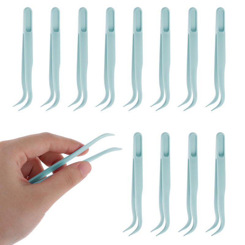 JJUNW 12pc Plastic Tweezers, 4.5 Inch Bent Tweezers for Kids DIY Jewelry Making, Crafts, Baking Decoration, Reptile Feeding, Blue