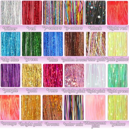 Hair Tinsel Kit - 48 Inch Fairy Glitter Extensions, 24 Colors