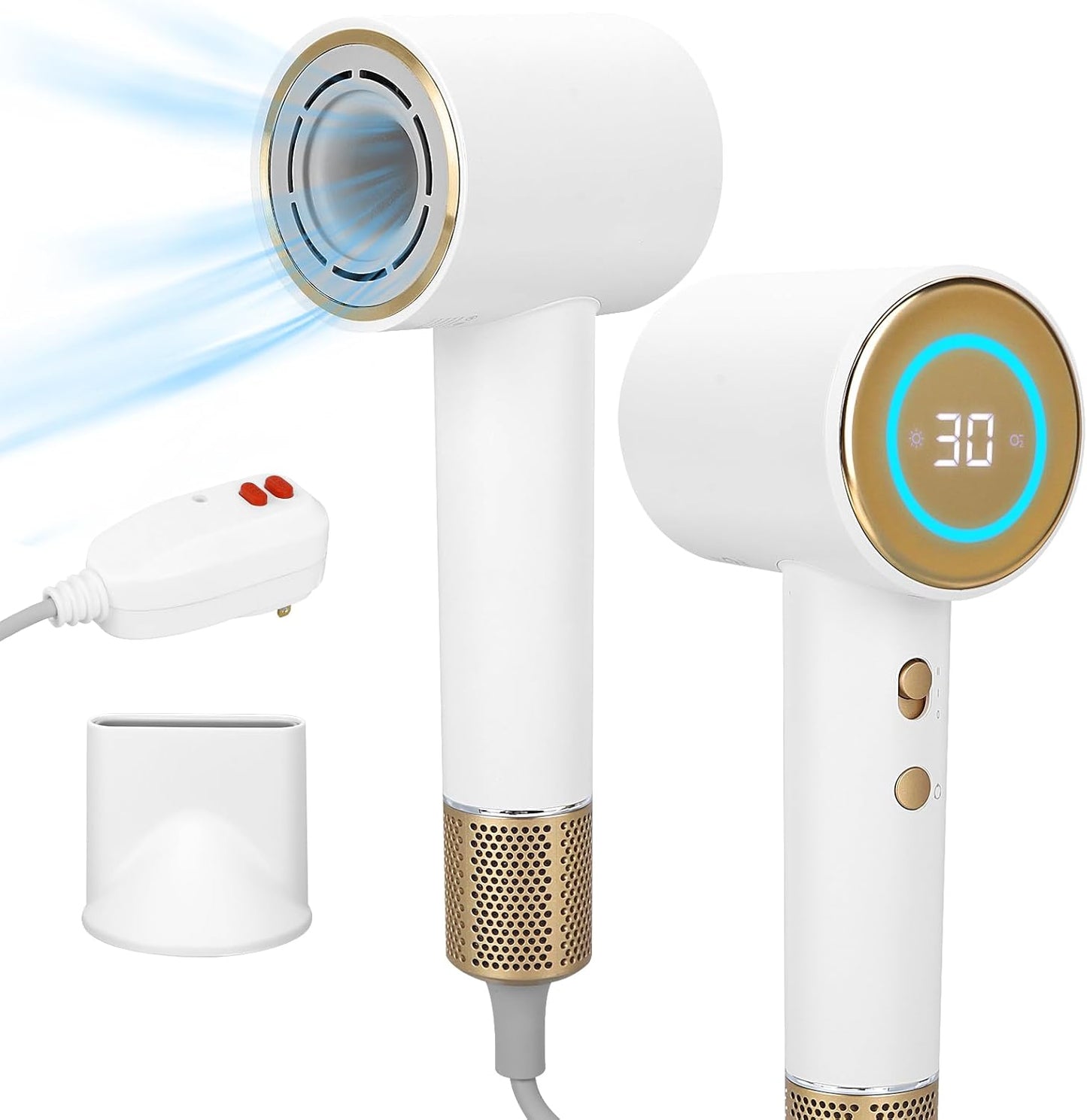 High-Speed Hair Dryer - 110,000 RPM Brushless Motor, Negative Ionic Technology | Low Noise, LED Display, White