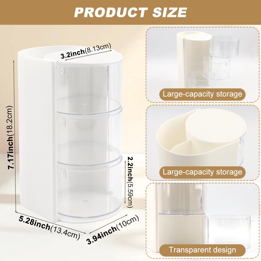 Olnverath 3-Layer Hair Accessories Organizer with Hair Brush Holder, Desktop Organizer Case forDaily Accessories, Rotatable Small Jewelry Box for Clip Earring Necklaces Bracelets Rings(White)