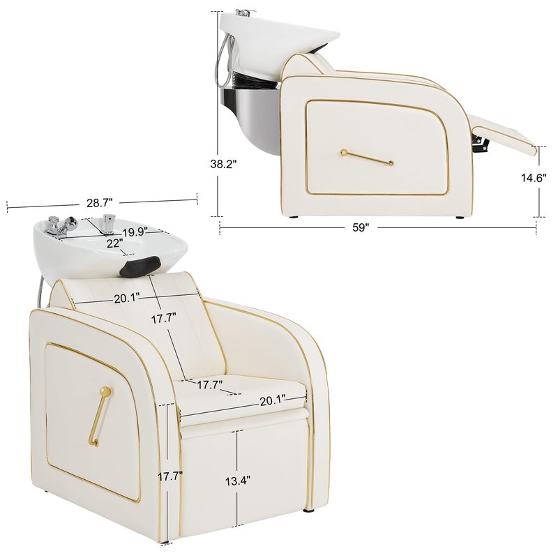 BarberPub Backwash Shampoo Chair and Bowl Set, Adjustable Porcelain Ceramic Wash Bowl Sink Unit, Luxurious Shampoo Station Chair for Spa Beauty Salon Hair Salon 9175 (Luxurious, Cream White)