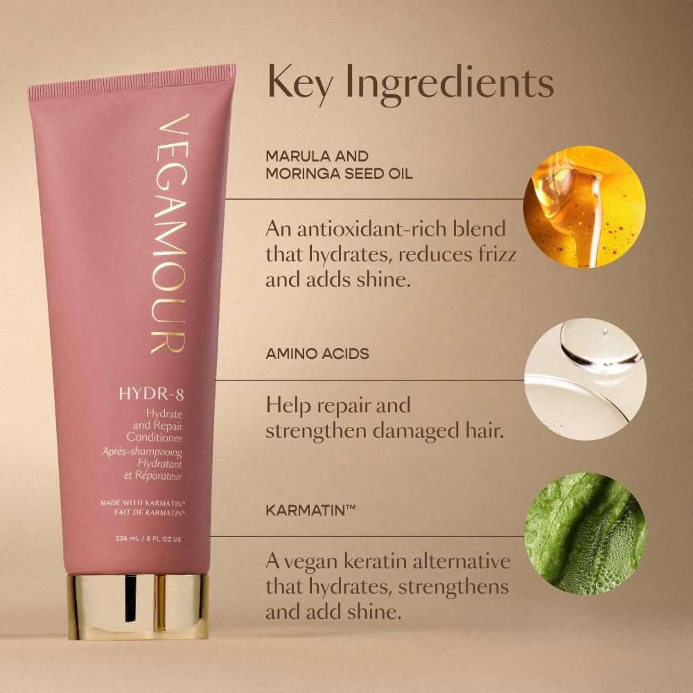 VEGAMOUR HYDR-8 Hydrate and Repair Conditioner - Hydrating Conditioner with Marula Oil, Moringa Oil, Ceramides & Biotin, Natural Conditioner for Dry Hair