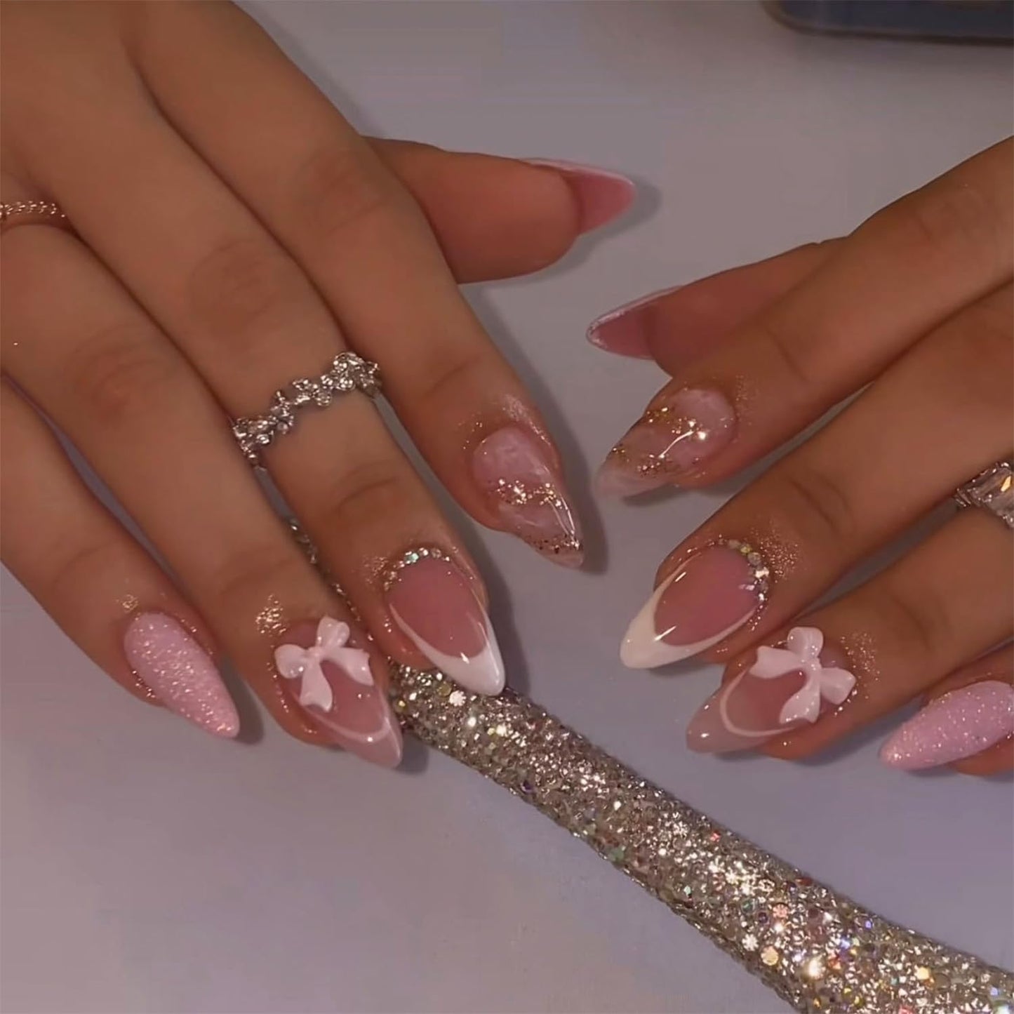24pcs White French Tip Press on Nails Medium Almond Fake Nails with 3D Bow Glitter Rhinestones Designs Full Cover Artificial Nail Cute False Nails Reusable Stick on Nails for Women Nail Decorations