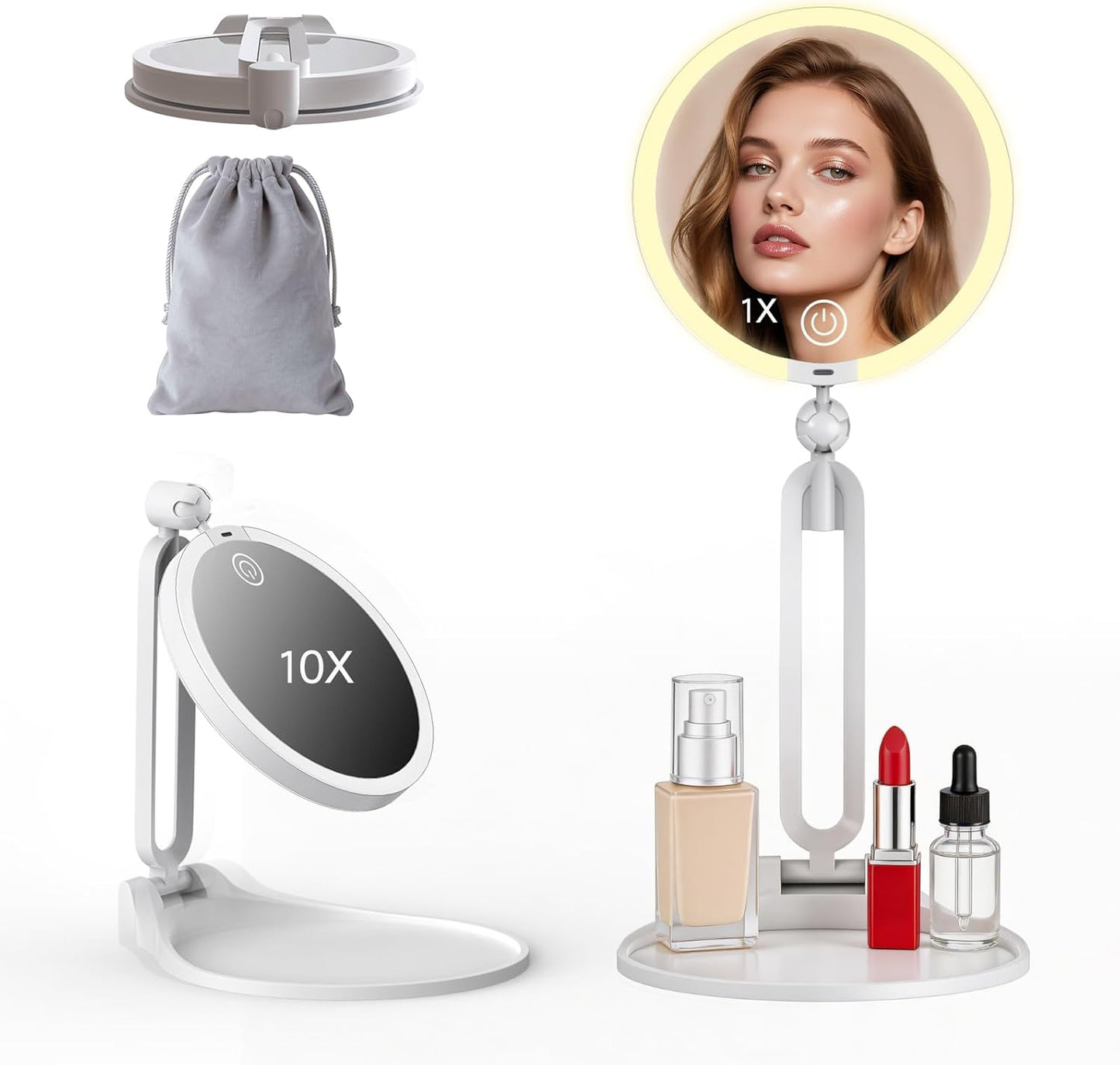Travel Makeup Mirror with Lights - Double-Sided Magnifying Design, 3 Color Dimming, 360° Adjustable | Foldable & Portable, 1500mAh Battery