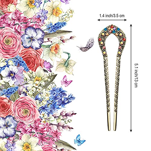 Vintage Crystal Hair Forks Set, 5 Pcs U-Shaped Metal Hairpins for Updos