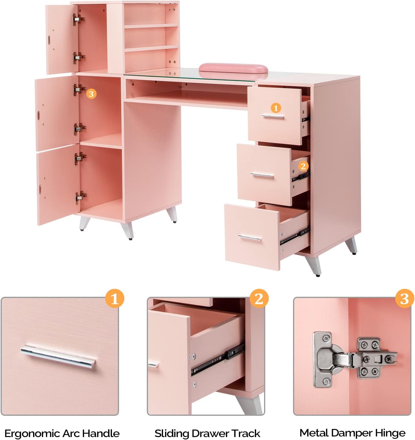 OmySalon Manicure Table - Nail Desk with Glass Top & Wrist Rest | Acetone Resistant, 3 Cabinets & Drawers