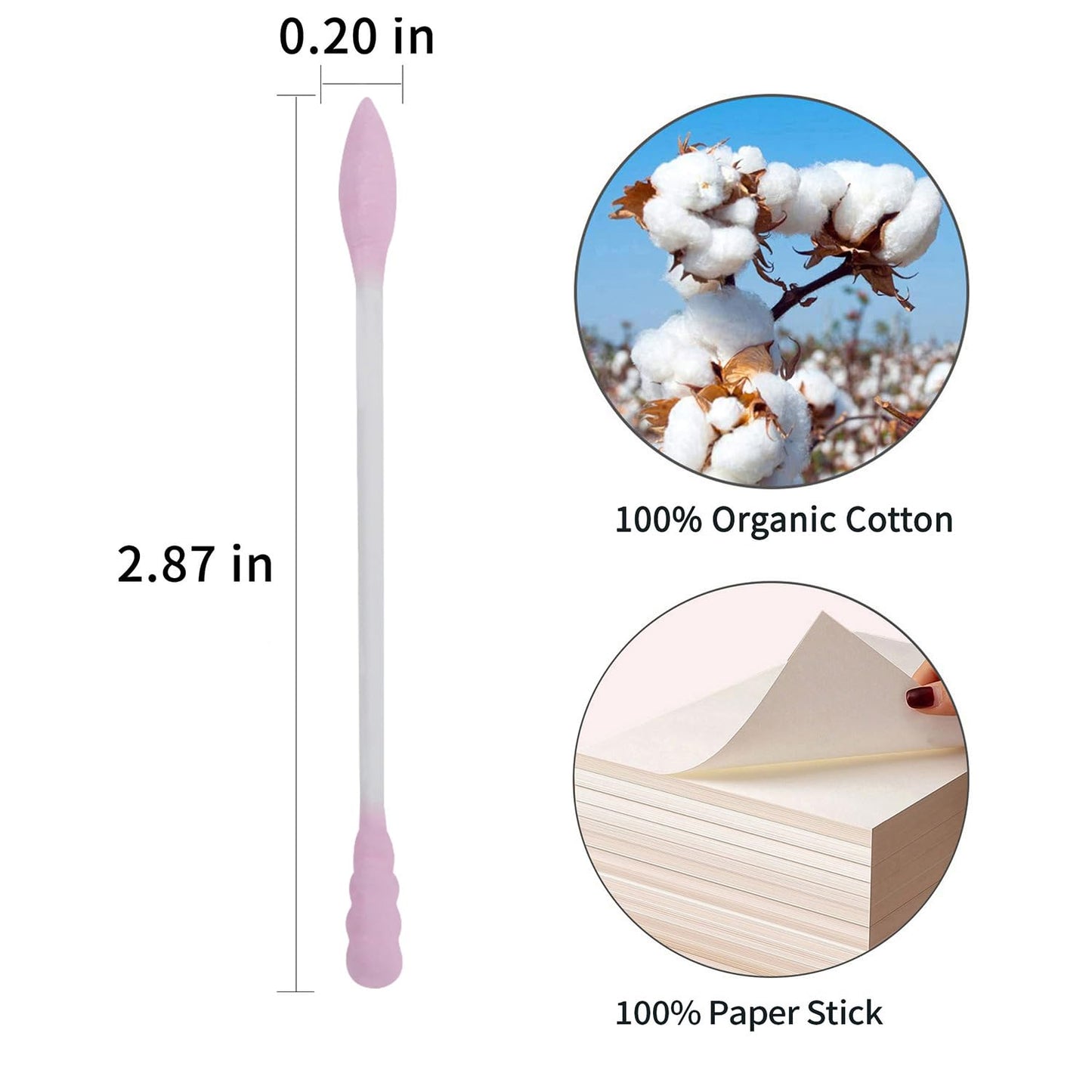 HOMEFOX Pink Cotton Swabs Spiral Pointed - 200 Count Organic Cotton Buds Double Side Tightly Wrapped Precision Cotton Tips Paper Stick Soft Gentle Lint-Free Cruelty-Free, Spiral & Pointy (Pink)