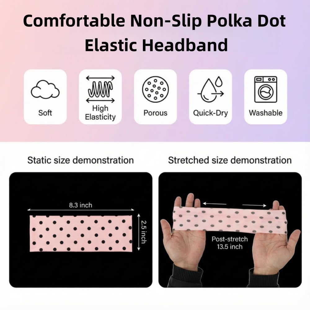 Anvnkl Stripe Headbands for Women 7 Pack Non Slip Soft Fabric Elastic for Girls Daily Cute Hairbands,Women's Fashion Headbands Polka Dot Headband
