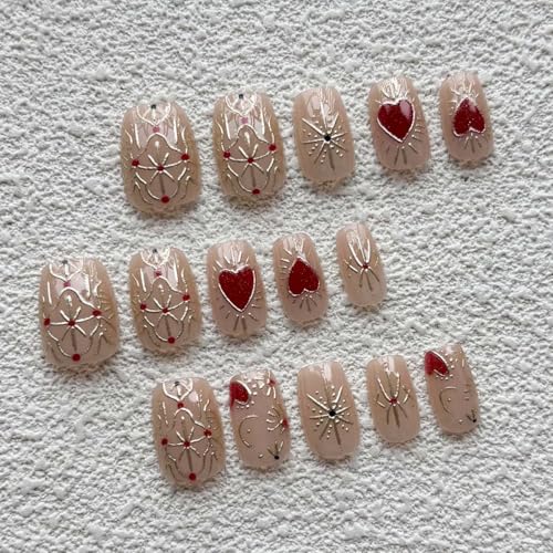 KASOICRA Style ET18 Short Square Heart Star Nail Set - Nude Fake Press On Nails for Women Menicure