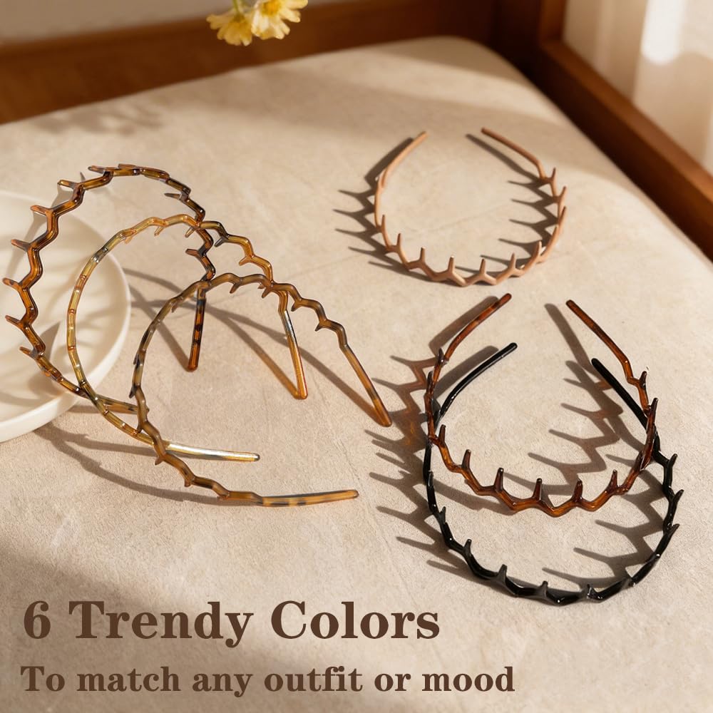 Zig Zag Headbands for Women - Non-Slip Hair Bands | 6 Pack, Retro Style Hair Accessories for Daily Use