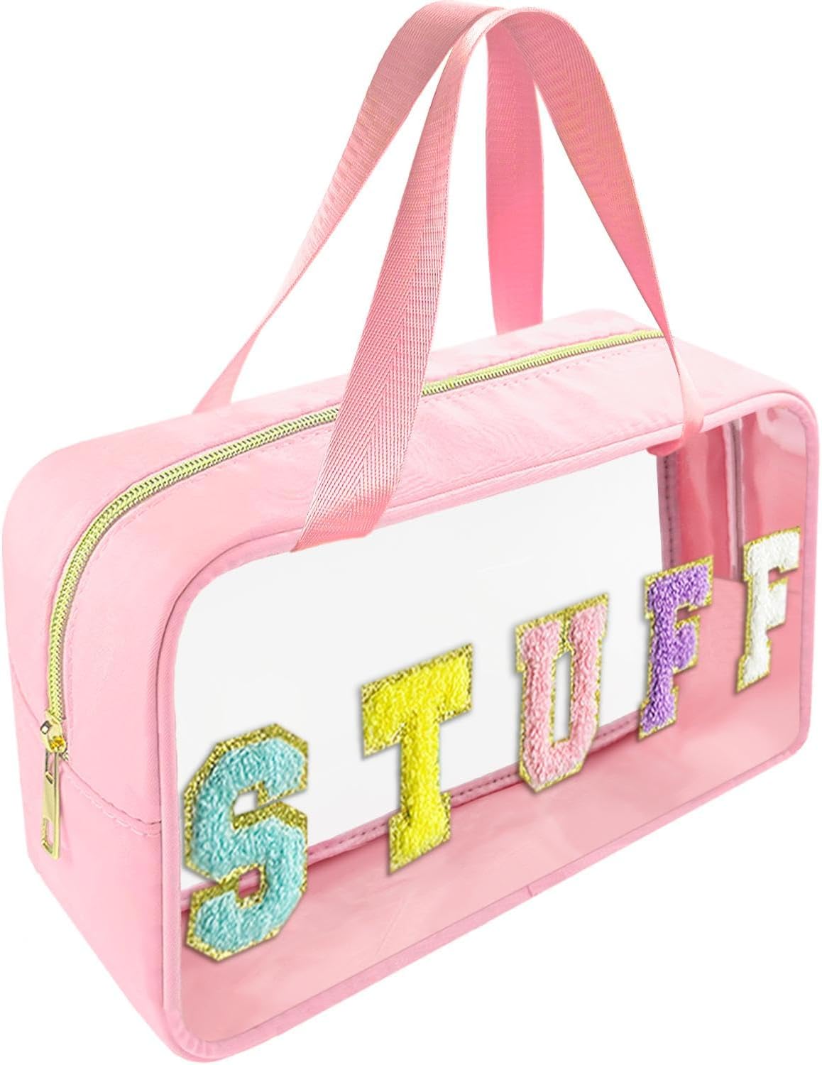 Chenille Letter Clear Makeup Bag - Waterproof Travel Toiletry Bag with Handle | Preppy Dance Patch Design (Black)