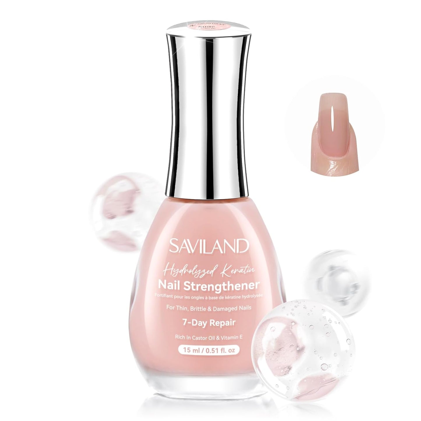 SAVILAND Clear Nail Strengthener - Fast-Drying Natural Growth Treatment | 15ml Castor Oil & Vitamin E for Weak Nails