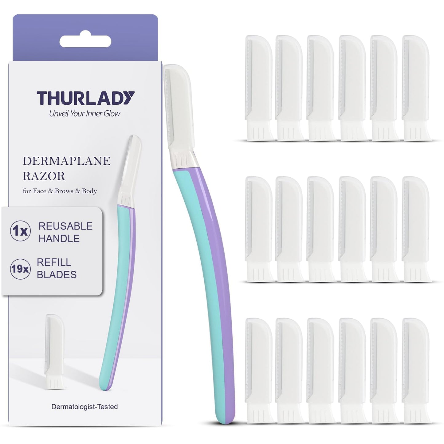 THURLADY Dermaplane Razor, Face Razors for Women, 1 Reusable Handle with 19 Microblades for Face, Gentle Exfoliation & Facial Peach Fuzz Removal for Smoother Skin, Wisteria
