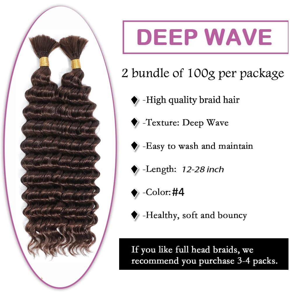 Color 4 Boho Human Hair Braiding Brown Boho Human Hair For Braiding Chocolate Brown Braids Deep Wave #4 Bulk Bohemian Braids 100g 14 14 Inch