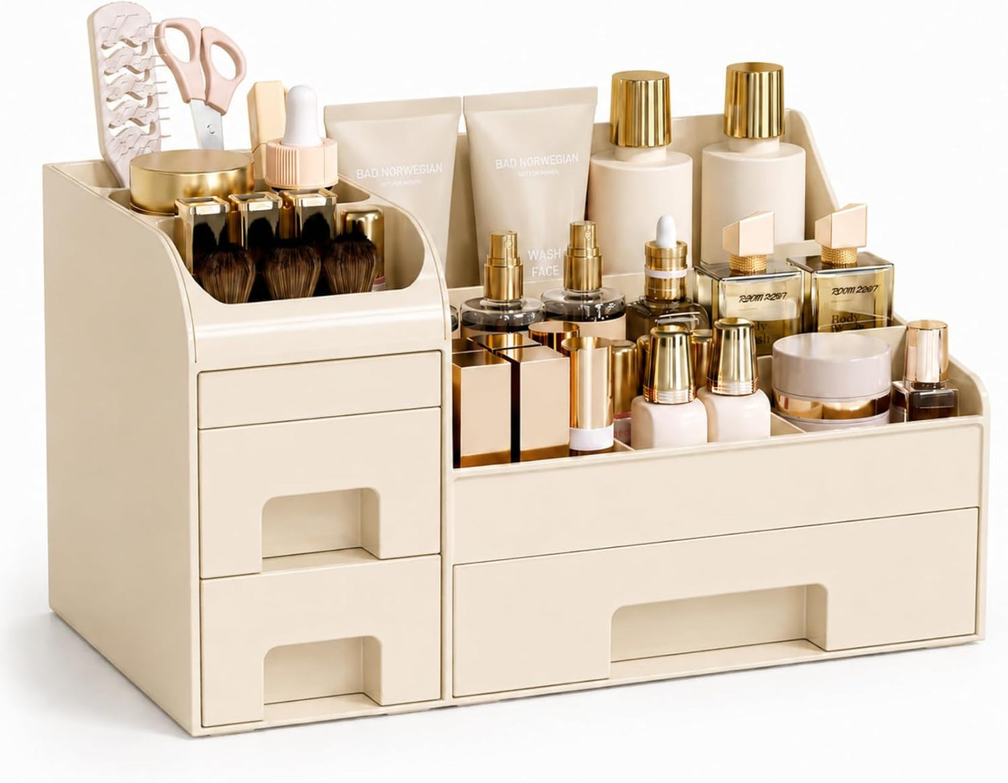 Large Makeup Organizer - Vanity Countertop Storage with Drawers & Brush Holder | Black