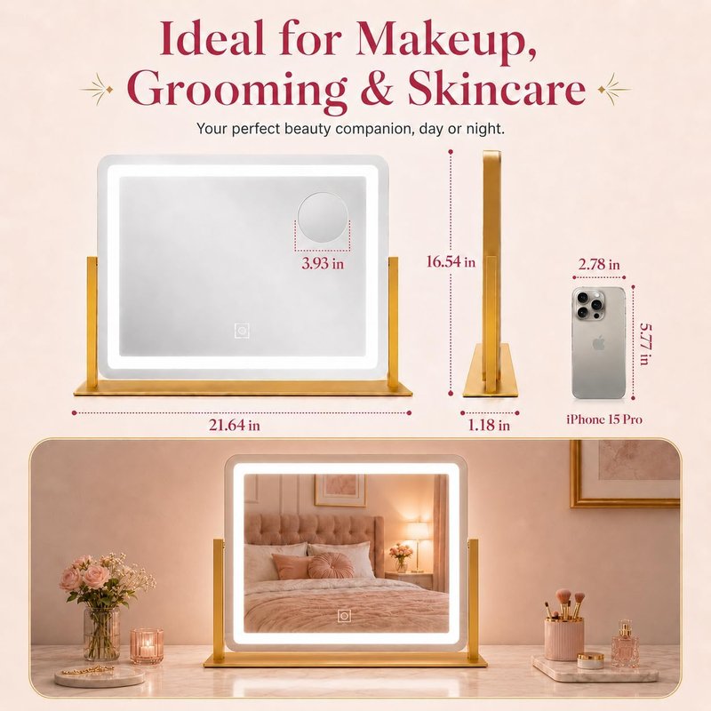 Gold Lighted Vanity Mirror - 22"x17" Dimmable LED Makeup Mirror with Sturdy Aluminum Frame | 360° Rotating Design