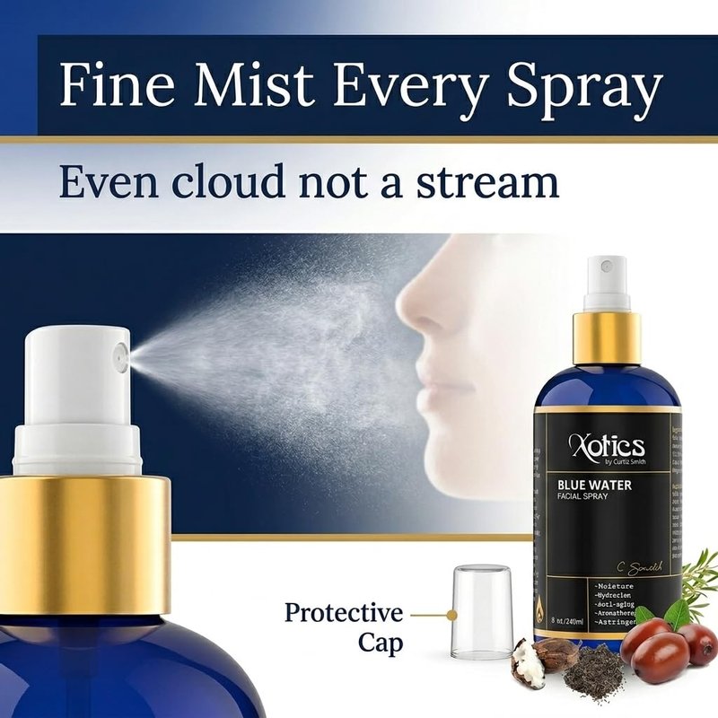 Xotics Blue Water Facial Spray - 8oz - Hydrating Face Mist With Aloe Vera - Refreshing Toner for Men & Women, Aftershave, Daily Moisturizing Splash for All Skin Types